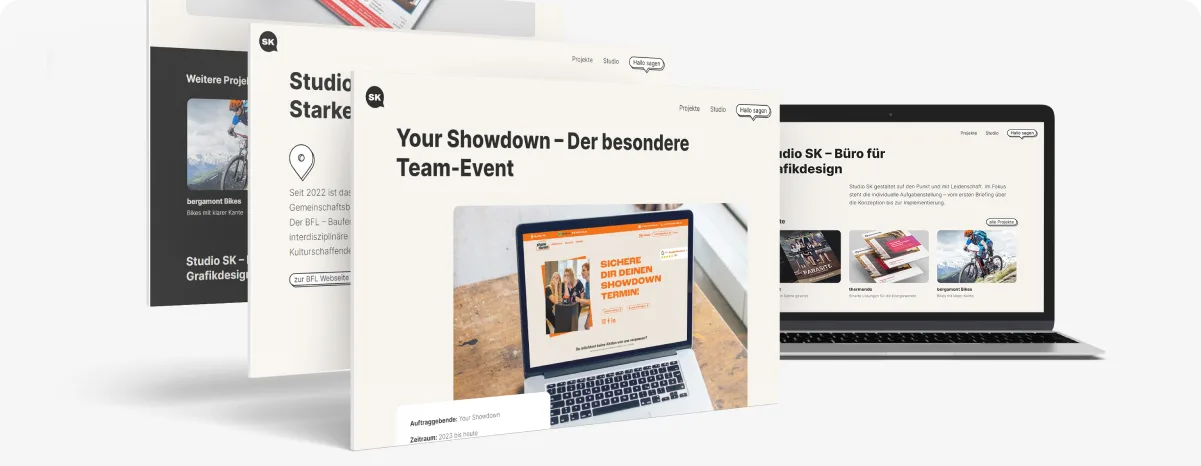 Mehrere überlappende Screenshots der neuen Website des Designbüros Studio SK, umgesetzt in WordPress. Das UI-Design zeigt eine moderne, responsive Darstellung mit einem Fokus auf Projekte, Team-Events und Grafikdesign-Arbeiten. Im Vordergrund ein Laptop mit einer geöffneten Studio SK-Webseite.